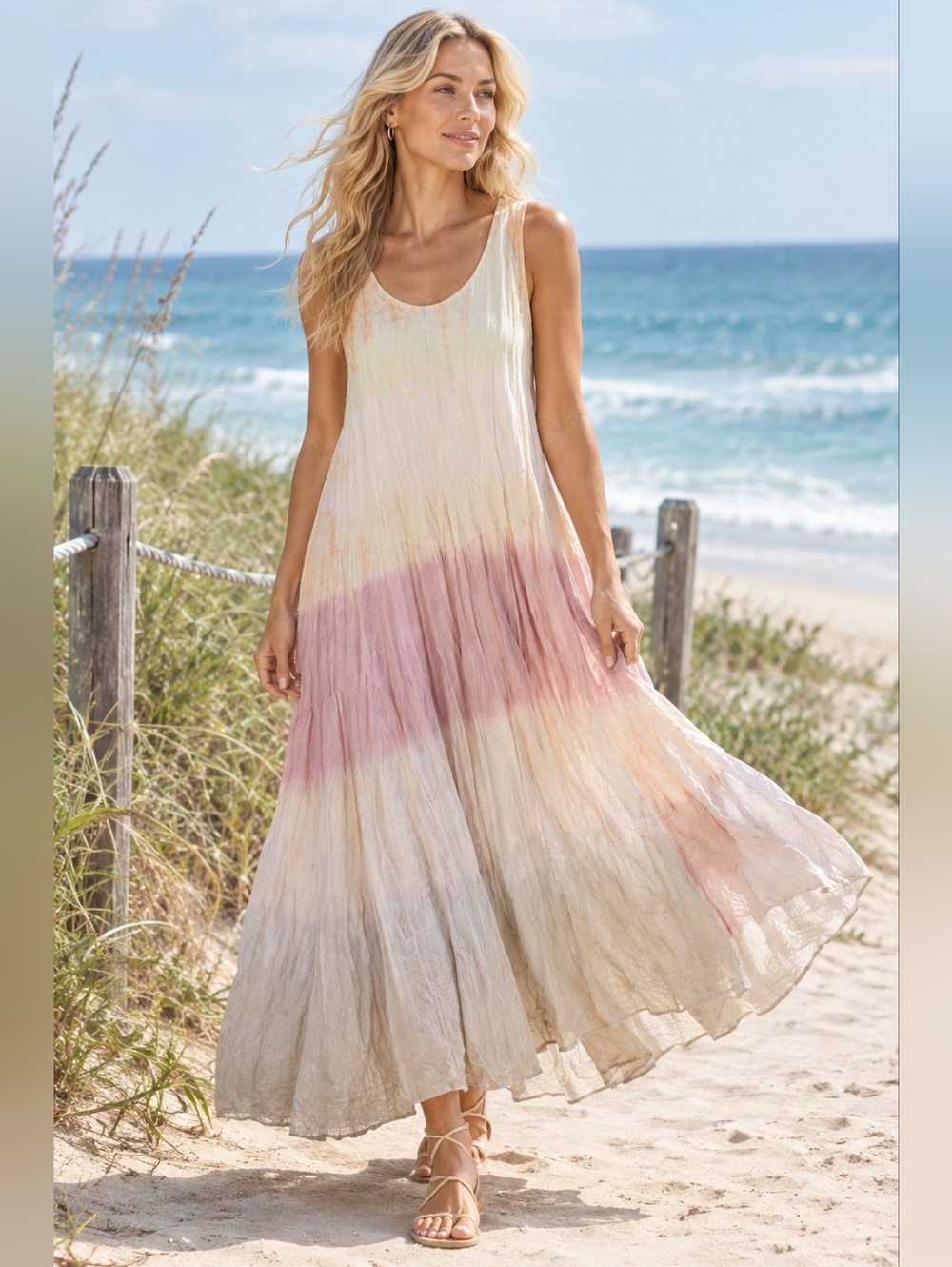 The Pyramid Collection Sherbet Ombre Tie-dye Sleeveless Maxi Dress Tiered Cotton